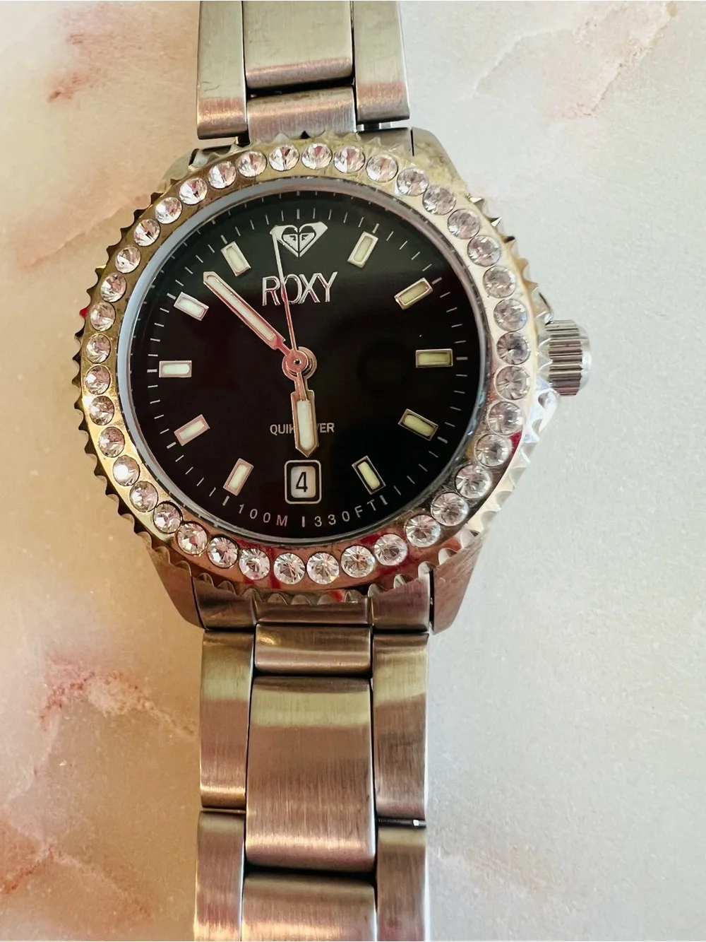 Roxy Vintage Women's Stainless Steel Crystal Bezel Watch - Black Dial Date RX101